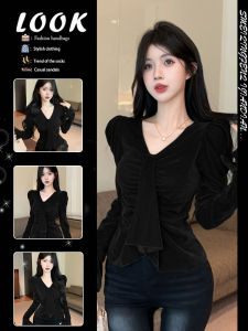 French Style V-Neck Velvet Slimming Long Sleeve Shirt for Women Autumn Winter