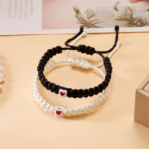 2Pcs/Set Simple Black White Rope Braided Bracelet for Women Men Best Friends Adjustable Heart Matching Couple Bracelets Jewelry