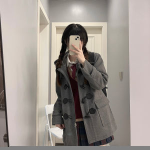 Japanese Made Womens Woolen Coat Miniature College Style Autumn Winter Windbreaker Button Detail Straight Cut Sweet Style