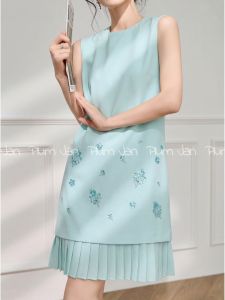 PlumJan | Elegant Spliced Pleated Bead-embellished Sleeveless Dress