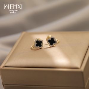 WENXI | Bông Tai Nhỏ Tinh Tế Cao Cấp Hình Clover Bốn Lá Màu Đỏ Hồng