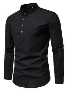 Spring and autumn mens pure cotton solid color shirts elegant long-sleeved stand-up collar shirts slim-fit mens shirts