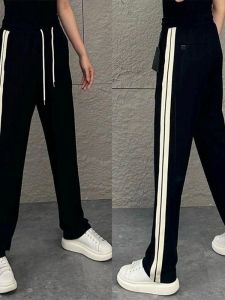 Mens Casual Straight Leg Stripe Trousers Spring Summer Slimming Sweatpants Black Loose Comfortable Fashionable Cotton Polyester