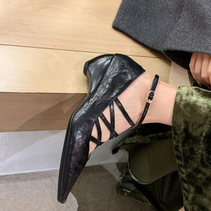 CAIZINI | Pointed Toe Retro Mid Heel Mary Jane Shoes Cross Straps Leather