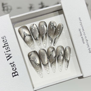 10pcs Halloween False Nails Resusable Long Tip Black Cracked Cat Eye Punk Style Silver Long Press on Nails for Women Decor