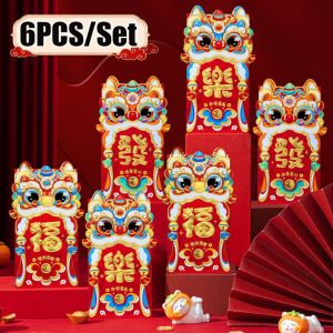 6Pcs/Set Cartoon Snake Lion Dance Red Packets Chinese Snake Year Lucky Money Bag Blessing Bag 2025 Spring Festival Red Envelope
