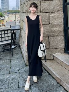 Black Strapless Knitted Long Dress Womens Sleeveless Vest Style Casual Loose Waist High Elasticity Summer Fashion Dress