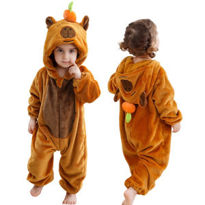 MICHLEY Halloween Cartoon Toddler Infant Flannel Baby Rompers Capybara Costume Hooded Overall Bodysuits Jumpsuit for Boy Girl