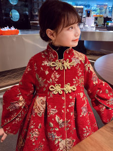 Red Princess Dress for Girls Cotton Jacket New Year Clothes Childrens Winter Fashionable Girls Dress Chinese Style Skirt