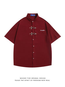 Metallic Loose Fit Short Sleeve Shirt Mens Summer Fashion Youth Pop Waffle Stitch Embroidery Plane Buckle Casual Top