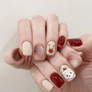 Christmas New Year Red Festive Short Wearing Nail Art Patches Gradient Fake Nails Bright Color Series Any Skin Type