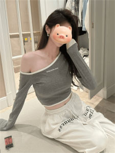 Gray Shoulder Bared Long Sleeve Base Shirt Womens Early Autumn Slim Fit Short Design Sense Top Body T-shirt Daily Style