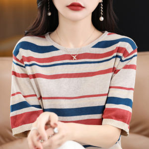 Loose Fit Cotton Knitted Short Sleeve T-Shirt round Neck Striped Lazy Style Spring Summer New Arrival Womens Fashion Top