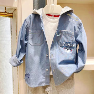 Spring Autumn Cotton Hooded Long Sleeve Boys Jacket Denim Shirt Childrens Clothing Bear Pattern Single Button Closure Coat