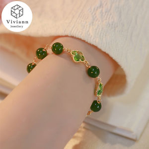 Viviann Original Design Chrysoprase Bracelet for Women Trend Four Leaf Clover Bracelets for Girls Simple Moonstone Ladies Bracelet Pendant Jade Beaded Bracelets for Women Accessories