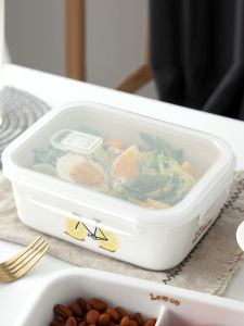 Rectangle Ceramic Bowl with Lid Single Grid Lunch Box Fruit Box -keeping Box Microwave Safe Porcelain Adult Lunch Container