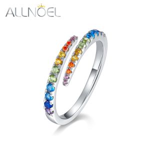 ALLNOEL 925 Sterling Silver Open Rings For Women Rainbow CZ Colorful Zircon Unique Dainty Ring Fine Jewelry Gifts New Wholesale