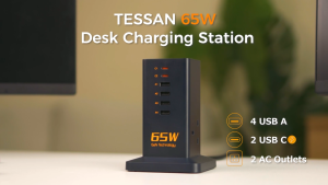 TESSAN GaN Fast Charging Station 65W - 6-Outlet Power Strip with USB-C Ports and 2m Cable UK Plug