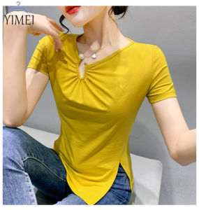 YIMEI Áo Cotton Áo Cổ Chữ V Xếp Ly Thiết Kế Thời Trang Hàn Quốc Mới Nhất 2023 Áo Thun Ngắn Tay Xẻ Tà Gợi Cảm Cho Nữ
