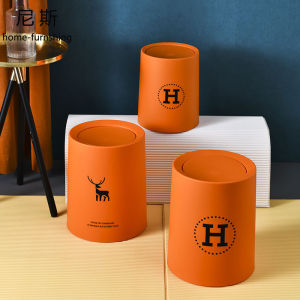 Nordic Style Trash Can Swing Lid Bedroom Orange Simple Luxury Household Kitchen Living Room round Shape Plastic Trash Can