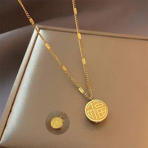 BESFOME Chinoiserie Double Sided Lucky Pendant Necklace For Women Luxury 18K Gold Titanium Steel with Zircon Collar Chain Jewelry