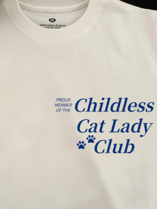 Trendy American Retro Style Womens T-shirt Childless Cat/Dog Lady Print Casual Loose Fit Cotton Short Sleeve round Neck