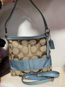 Preloved authentic Signature C Brown Striped Leather Trim 2way crossbody shoulder bag