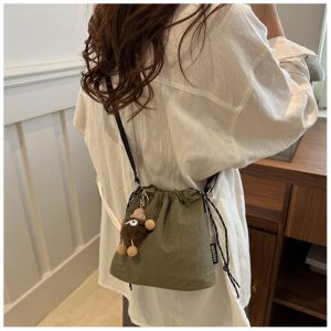 1× Women Canvas Drawstring Bag with Pendant Korean Japanese Style Casual Crossbody Shoulder Tote Commuter Travel Hiking Outdoor