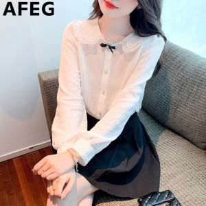 AFEG Solid Color Korean Doll Collar Fashion Loose Versatile Chiffon Long Sleeve Blouse for women