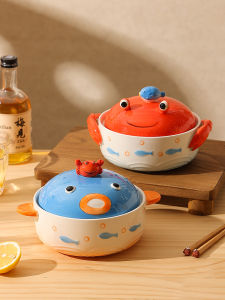 Cute Noodle Soup Bowl Ceramic with Lid and Handles