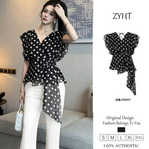 เสื้อชีฟองผู้หญิงลายจุด35084 2025เอวฤดูร้อนใหม่สีดำแสดงอารมณ์บางผิดปกติ