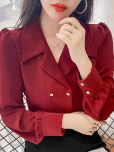 เสื้อเชิ้ตแขนพองสีแดงสำหรับผู้หญิง สไตล์วินเทจฮ่องกง ทรงหลวม แขนยาว ปิดด้วยกระดุม 2 แถว เสื้อผ้าทำงาน
