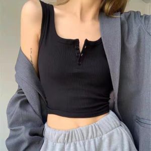 Elastic Knitted Short Sleeveless Vest Womens Fashion Casual Style Top Button Design Polyester Fiber Outerwear Base Layer
