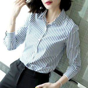 New 2026 Womens Long Sleeve Striped Shirt Casual Style Loose Fit Professional Fashionable Top Breathable Polyester Blend