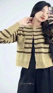 Cardigan Rajut Polos Stripe Kancing Dua Warna - Sweater Kasual Wanita