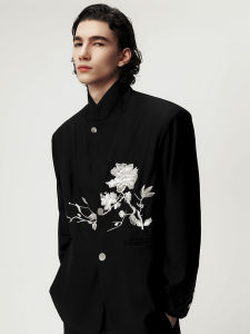 KOTAE Original Chinese Style Rose Embroidery Casual Suit Black Men Women Coat Fashionable Urban Leisure Long Sleeve Regular Fit