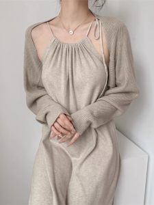 WAWA Maternity Dress Set Pure Desire Knitted Long Sleeve Shawl Neck Pregnant Women Two Piece Set French Style round Neck Dress