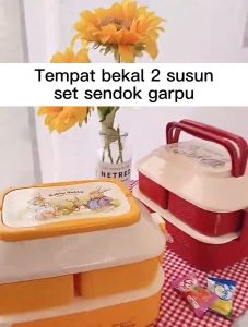 FR-C758 Tempat Makan 2 Susun Lunch Box Anti Tumpah / Kotak Makan Siang Kotak Bekal Set Sendok Garpu