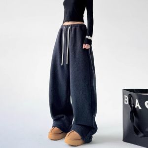 Womens Fleece Wide Leg Pants Autumn Winter Loose Slim Straight Casual Thickened Warm High Waist Long Trousers Korean Style