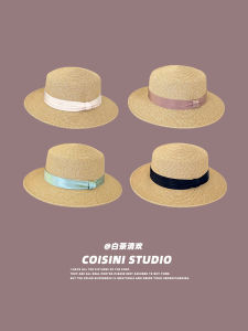 New 2025 Green Pearlescent Silk Ribbon Hepburn Style French Flat Top Straw Hat Women Beach Vacation Sunshade Protection Hat