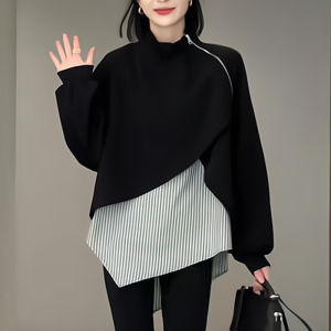 Fashionable Casual High Collar Hoodie Womens Autumn 2025 Uneven Splicing All-Match Hoodie Korean Style Commute Long Regular