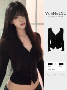 Áo Thun Dài Tay Cổ Chữ V Viền Ren Màu Đen Ngắn Cho Nữ Mùa Thu Phong Cách Mới Pure Desire Dáng Ôm Vừa Vặn Áo Cardigan Hở