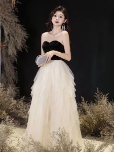 Elegant Long Evening Gown with Lace Trim Bustier for Women Birthday Graduation Party Polyester Princess Sleeve A-Line Skirt