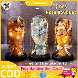 MeetYou 7pcs Rose Bouquet in Dome with Light Flower Bouquet in Acrylic Dome with Warm White LED Light for WomenAnniversary GiftsBrithdayGiftsWeddingValentines DayMothers Dayartificial flower with lightsflower lights lamp