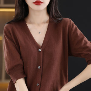เสื้อคาร์ดิแกนถักคอวีแขนสั้นผ้าฝ้ายแท้ 100% สำหรับผู้หญิง ฤดูใบไม้ผลิและฤดูร้อน เสื้อคลุมกันหนาวแบบสวมหัว สีพื้น เสื้อเชิ้ตแขนกุด