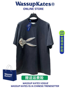 Wassupkates American Retro Embroidered Rabbit Cotton Short Sleeve Womens Summer Loose Fit T-Shirt round Neck Print Design