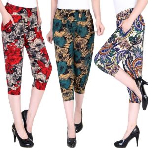 Ruizhijzg กางเกงเลกกิ้งผ้าไอซ์ซิลค์สำหรับผู้หญิงกางเกงพลัสไซส์เอวสูงทรงหลวมพิมพ์ลายดอกไม้เลกกิ้งเอวยางยืดผ้าวิสคอสทรงหลวมสวมใส่สบายสำหรับฤดูร้อนขนาด45-100กก.