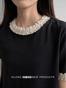 Unique Loose Womens Short Sleeve T-shirt round Neck Splicing Design Summer New Style Black Color Block Korean Style Top