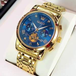 Đồng Hồ Đeo Tay Nam OLEVS Cổ Điển Đa Chức Năng Thiết Kế Bánh Xe Cân Bằng Bằng Thép Không Gỉ Chống Nước Hiển Thị Tuần Trăng Máy Quartz Kim Dạ Quang