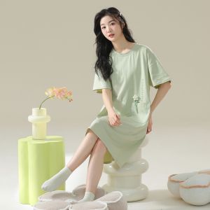 Miiow | Pure Cotton Summer Sleep Dress Womens Loose Casual Short Sleeve Dress Breathable Comfortable Nightgown Outdoor Wearable